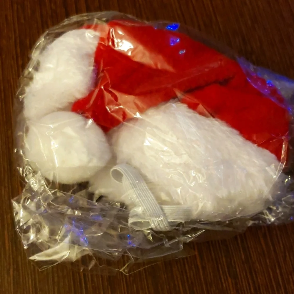 Cat Santa Hat with Red and Green Striped Scarf with a Pom Pom Size S